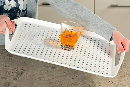Tablett mit Anti-Rutsch Noppen, weiß PP/TPE, 45,5x32x2cm, mit Griffen