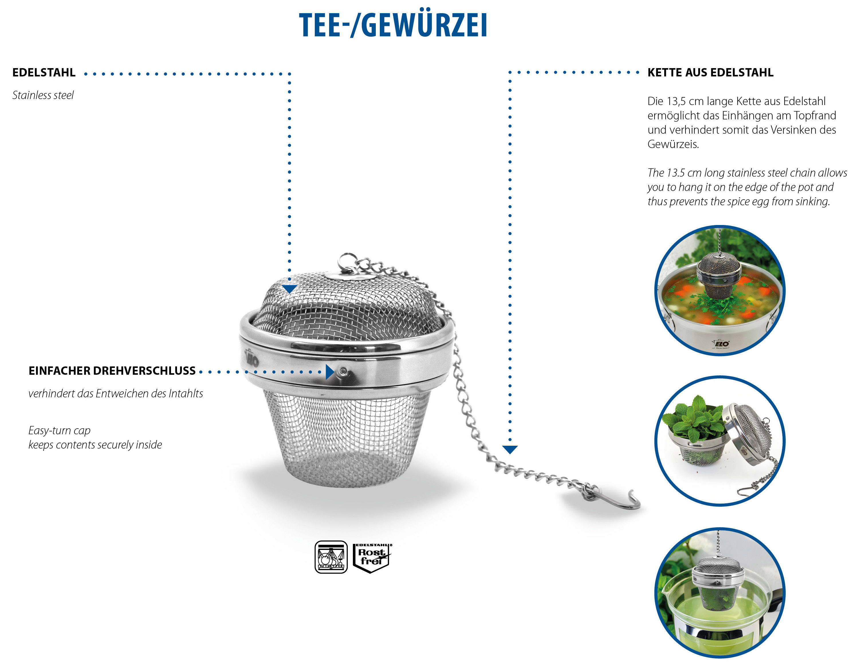 Tee- und Gewürzkugel oval, 6,3cm, mit Kette