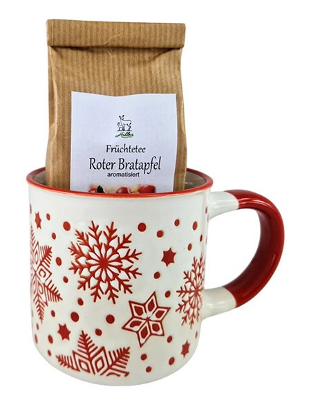 Weihnachtstasse Schneeflocken weiß + 50g Roter