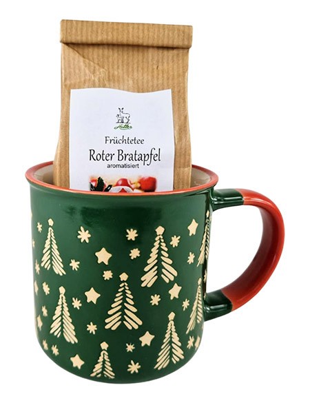 Weihnachtstasse Tannenbäume grün + 50g Roter