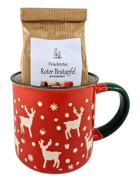 Weihnachtstasse Rentiere rot + 50g Roter