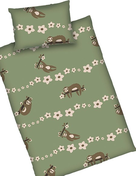 Kinderbettwäsche Faultier grün, K40x60/D100x135cm
